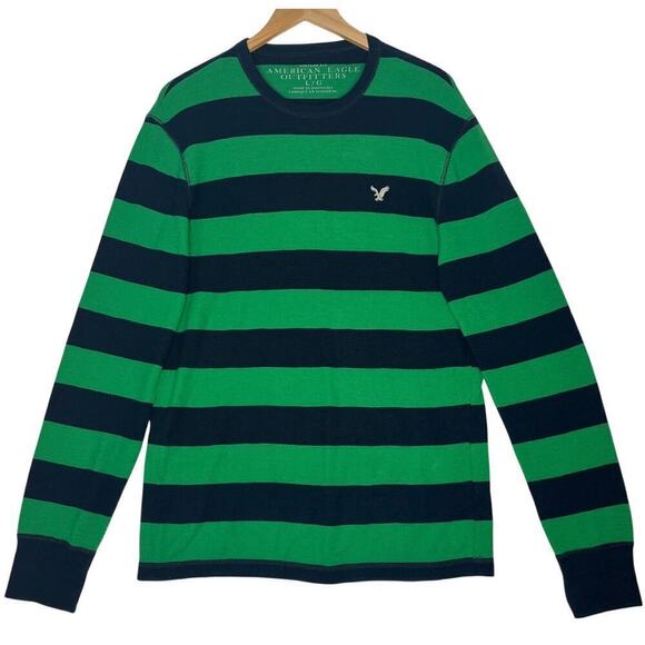 American Eagle Outfitters Other - American Eagle Green Striped Waffle Thermal Long Sleeve Sz L Collegiate Preppy
